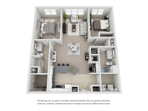 A 3D rendered image of a house layout.